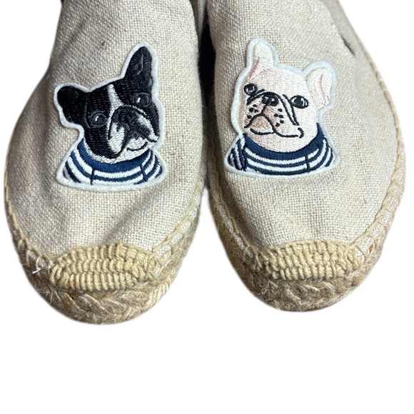 Soludos Tan Cream Canvas Espadrilles French Bulldogs Sz 7.5 NWOT - Picture 6 of 10